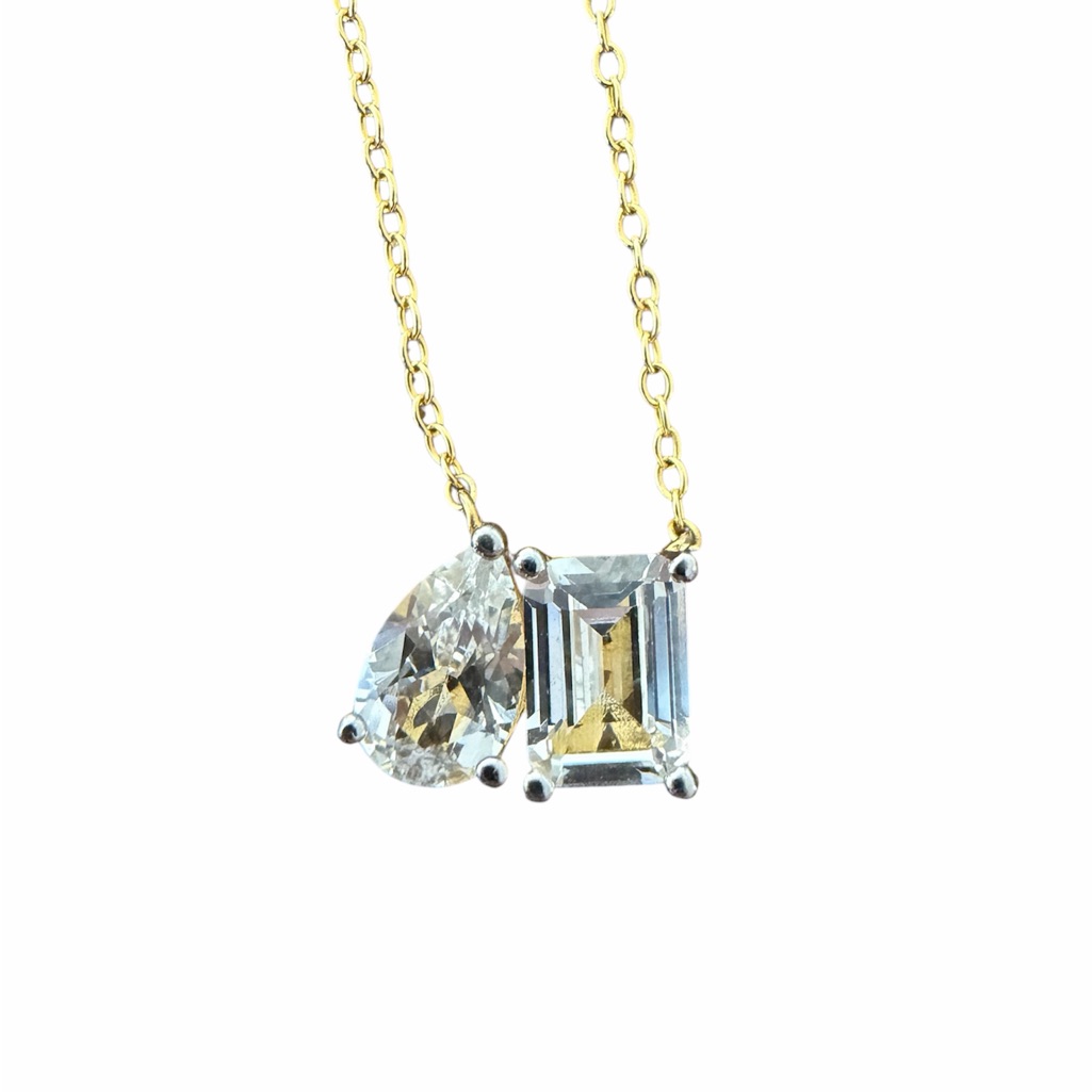 Gold 925 Ud Stamped Toi Et Moi Emerald & Pear Cut Necklace